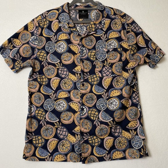Junk Food Clothing Art Style Navy Pineapple Fruit Button Front Men Shirt Size L - Picture 1 of 16